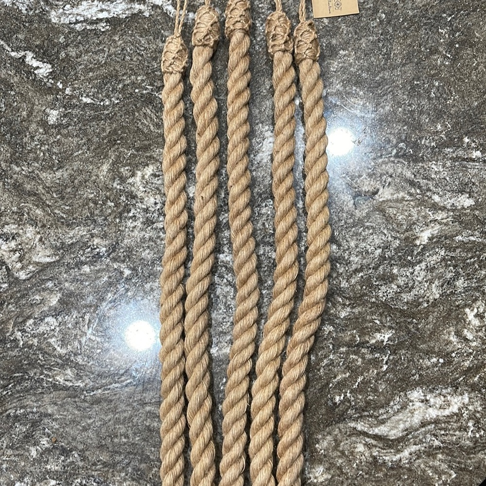 5 curtain tie backs. Jute rope 39” long. With tags.